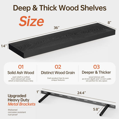 ShelfLoft 8"D x 1.4"H Black Solid Ash Wood Floating Shelves