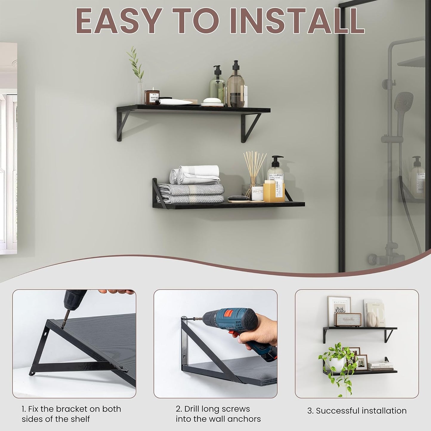 ShelfLoft 36" Wide x 8" Deep Floating Shelves with Brackets, Black-2 Pack