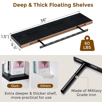 ShelfLoft 36" Wide x 9.3" Deep Floating Shelves for Wall Storage,Black-2 Pack