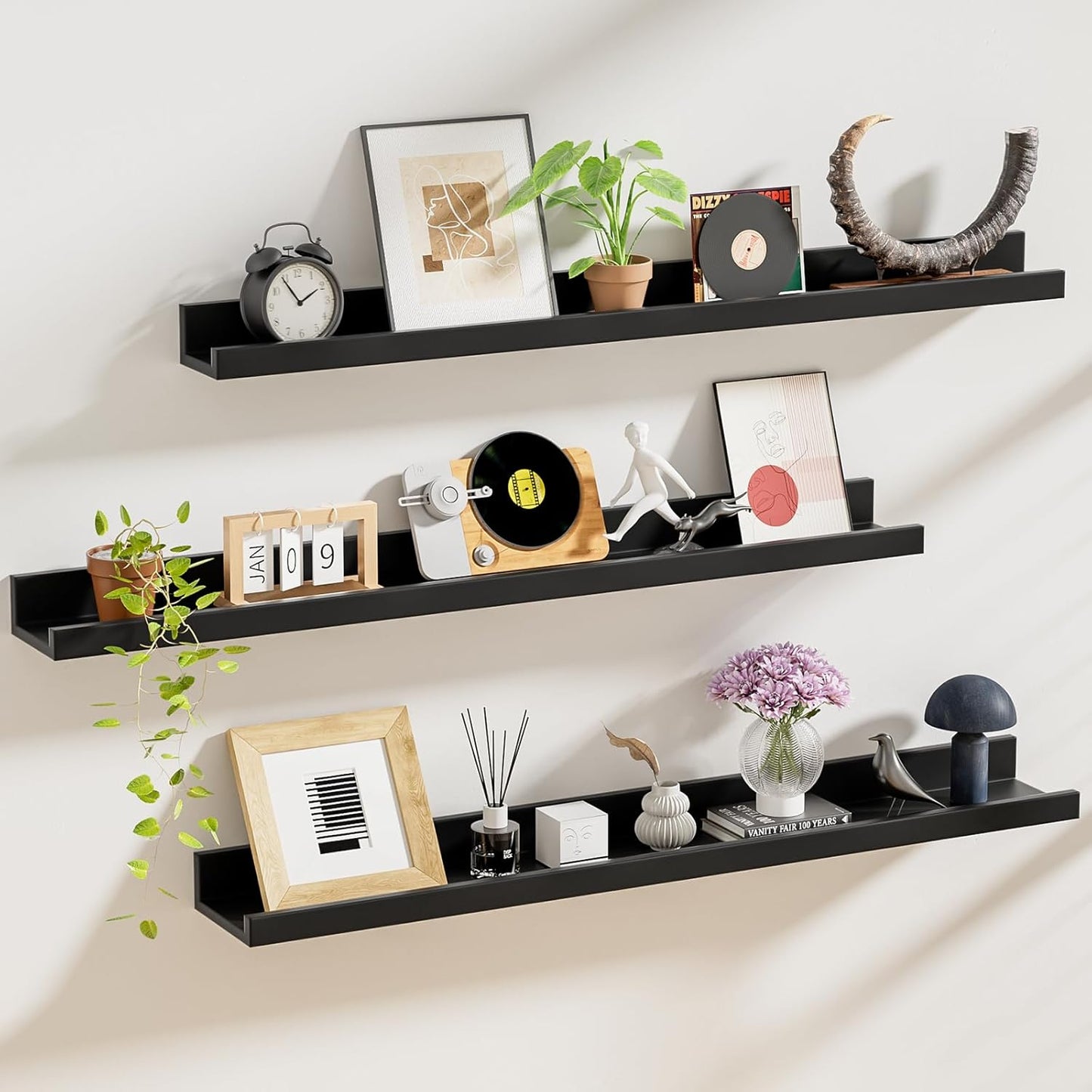 ShelfLoft 5.7"D x 2"H Black Picture Ledge Shelf Floating Shelves,3 Pack