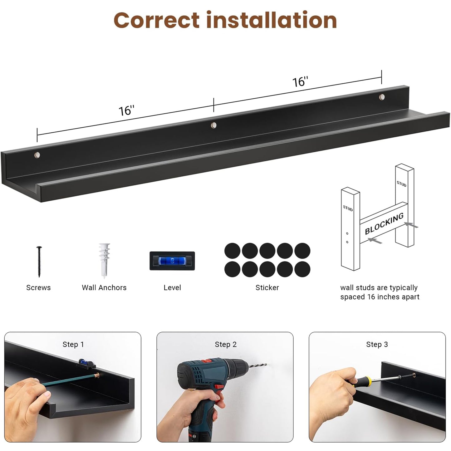 ShelfLoft 5.7"D x 2"H Black Picture Ledge Shelf Floating Shelves,3 Pack