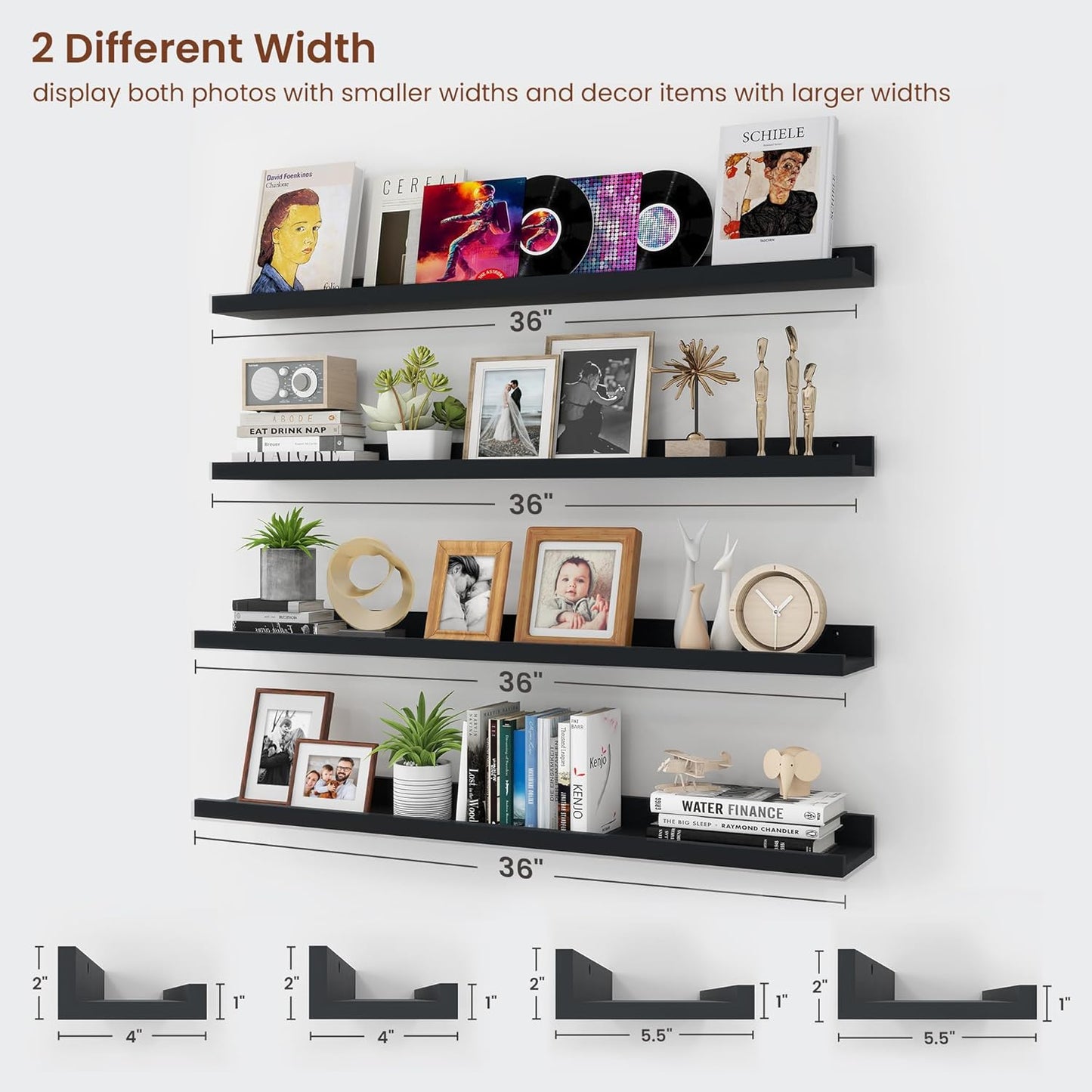 ShelfLoft 36" Wide x 5.5" Deep Picture Ledge Shelf Wall Display Floating Shelves with Lip, 4 Pack