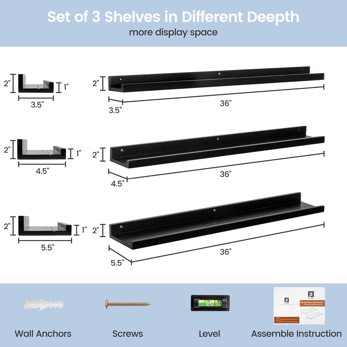 ShelfLoft 36" Wide x 5.5" Deep Pine Wood Picture Ledge Shelf Wall Shelves with Lip, 3 Pack