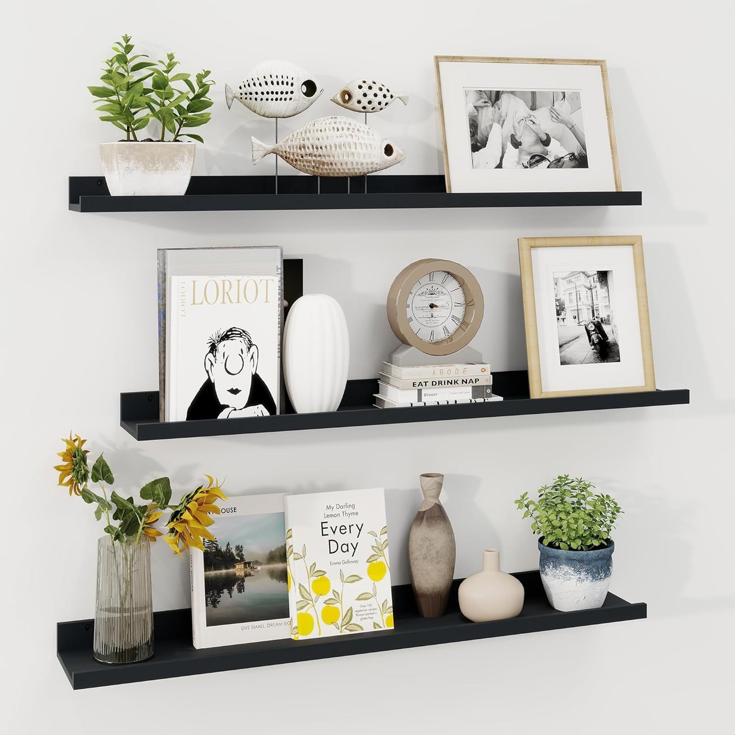 ShelfLoft 5.7"D x 2"H Black Picture Ledge Shelf Floating Shelves with Lip, Set of 3