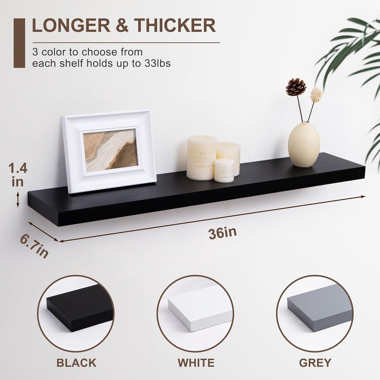 ShelfLoft 36"W x 6.7"D Paulownia Wood Wall Display Decor Floating Shelves,Black-2 Pack