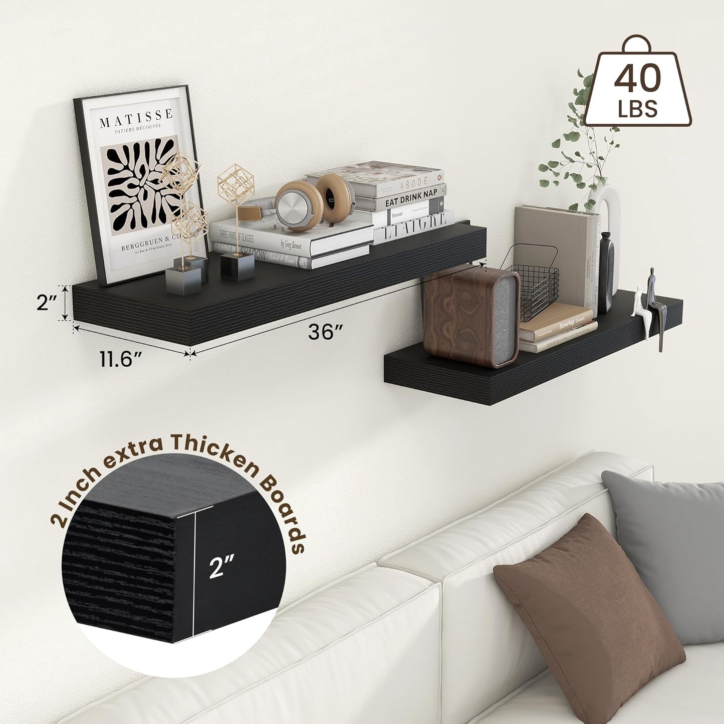 ShelfLoft 11.6"D x 2"H Black Floating Shelves for Wall Storage