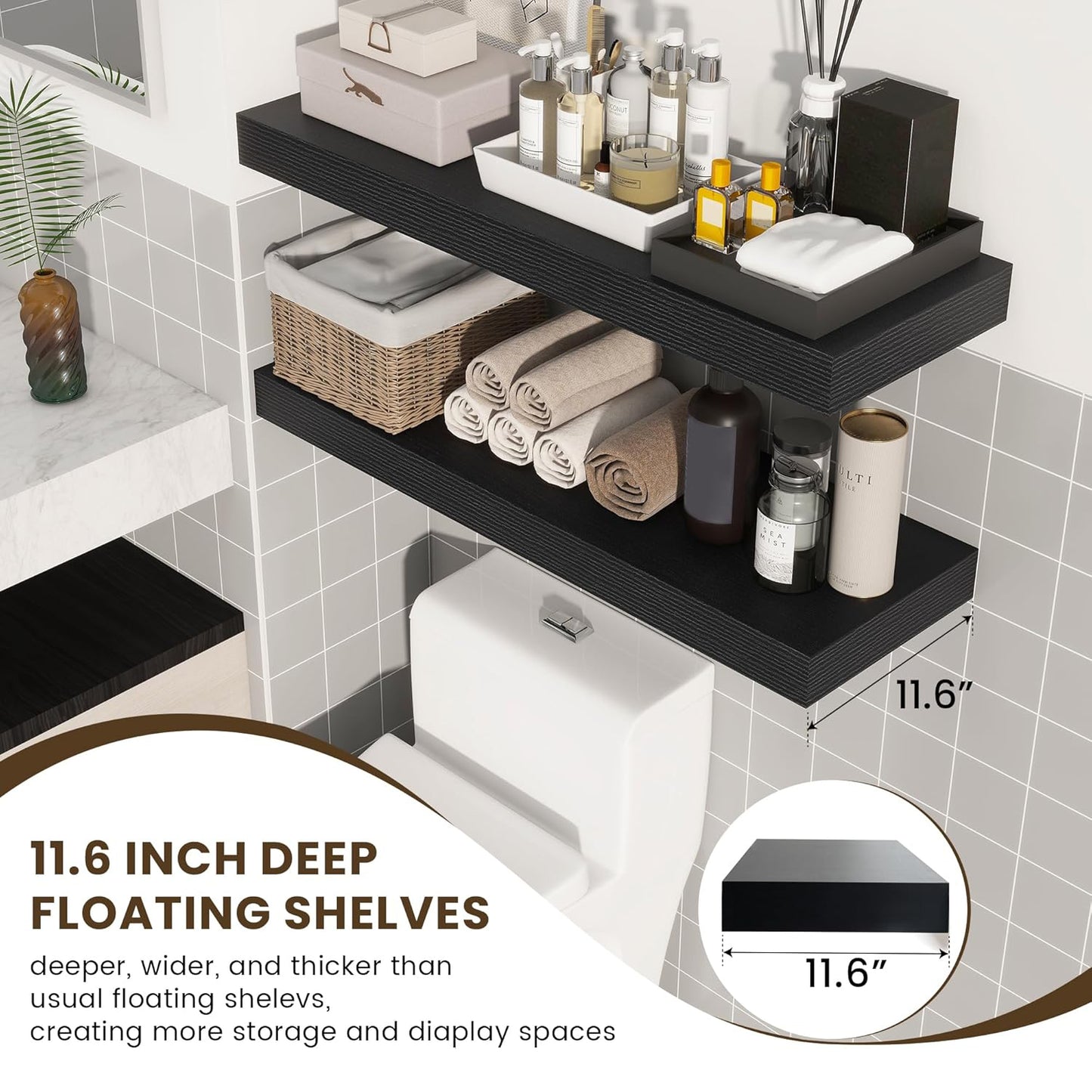 ShelfLoft 36"W x 11.6"D Black Floating Shelves for Wall Storage, 2 Pack