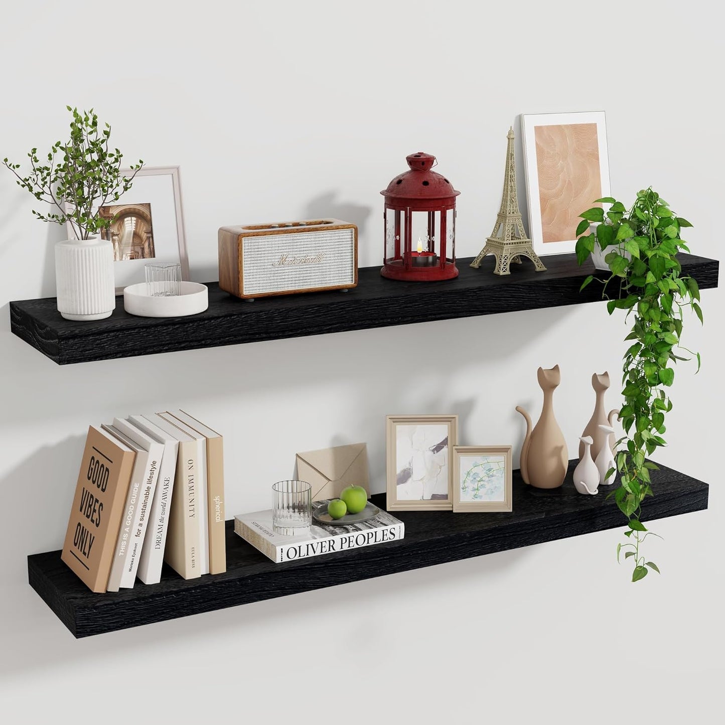 ShelfLoft 36""W x 6.7"D Natural Paulownia Wood Floating Shelves,Distressed Black-2 Pack