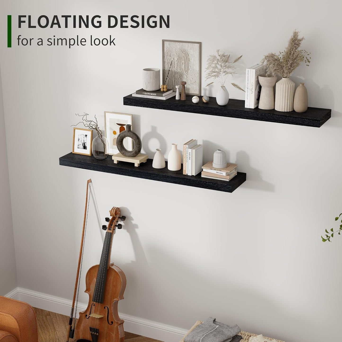 ShelfLoft 36""W x 6.7"D Natural Paulownia Wood Floating Shelves,Distressed Black-2 Pack