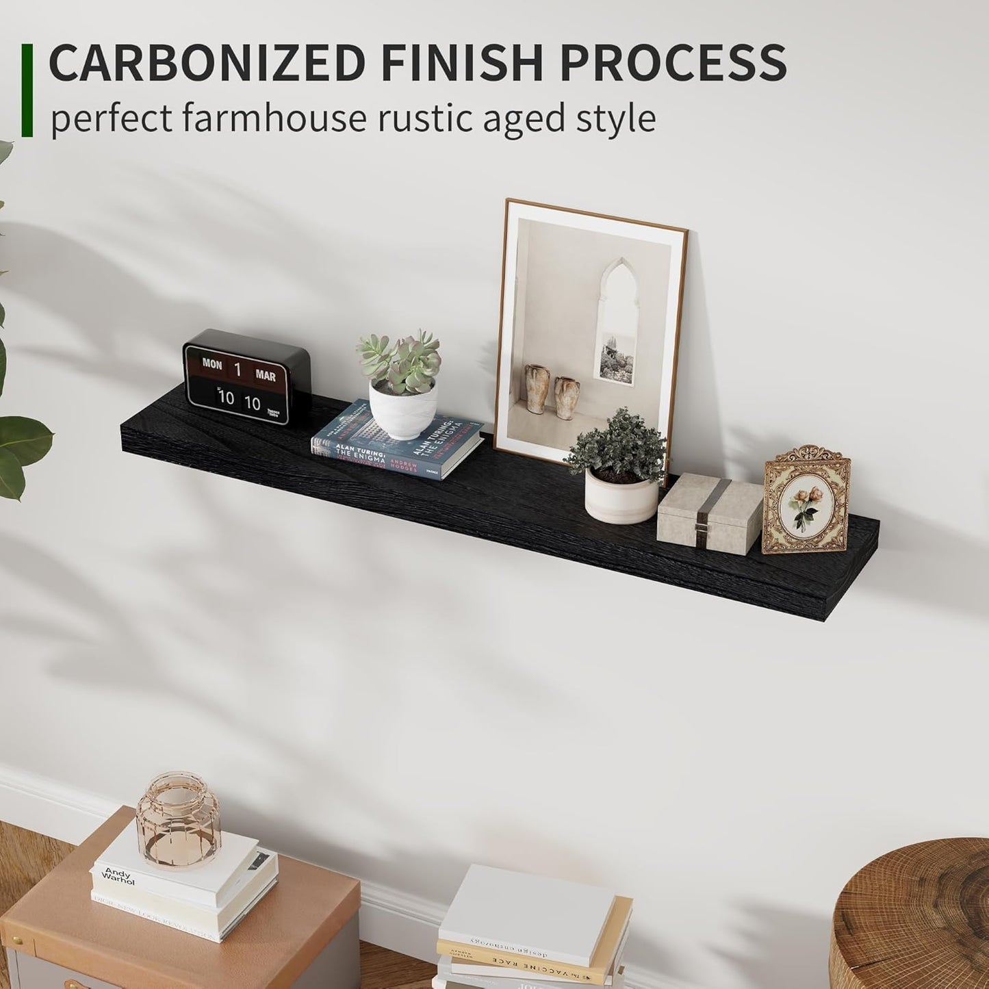 ShelfLoft 6.8"D x 1.4"H Distressed Black Natural Paulownia Wood Floating Shelves