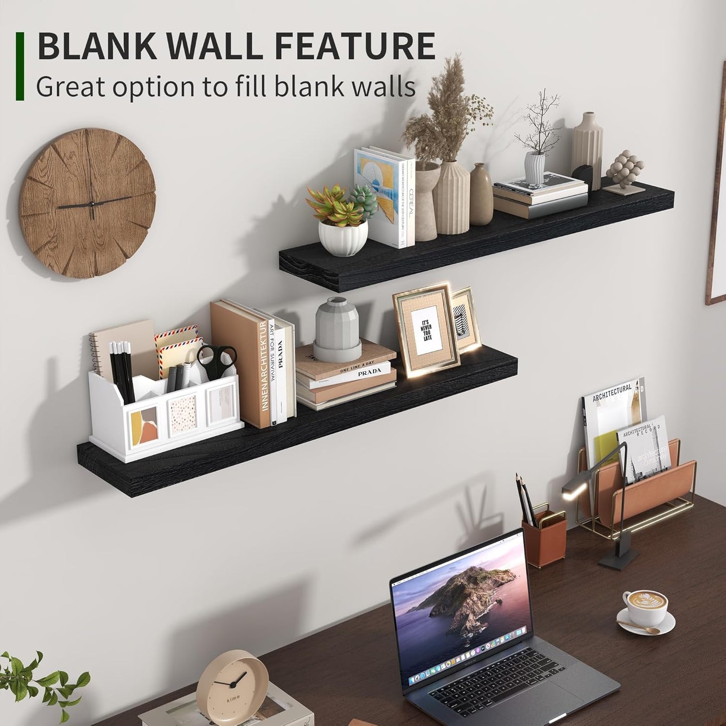 ShelfLoft 6.8"D x 1.4"H Distressed Black Natural Paulownia Wood Floating Shelves