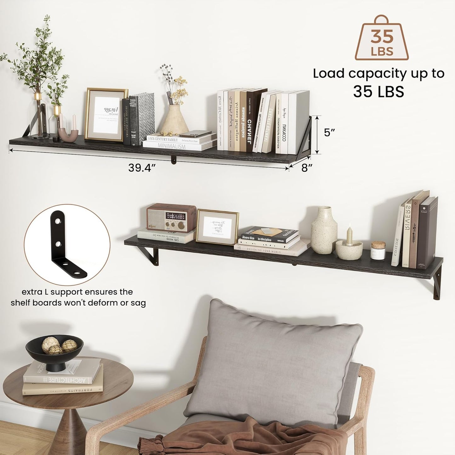 ShelfLoft 39.4" Wide x 8" Deep Wall Mounted Floating Shelves, 2 Pack