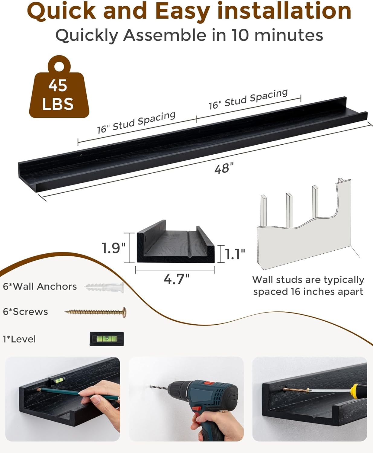 ShelfLoft 4.7 Inch Deep Solid Oak Wood Picture Ledge Shelf, Set of 2