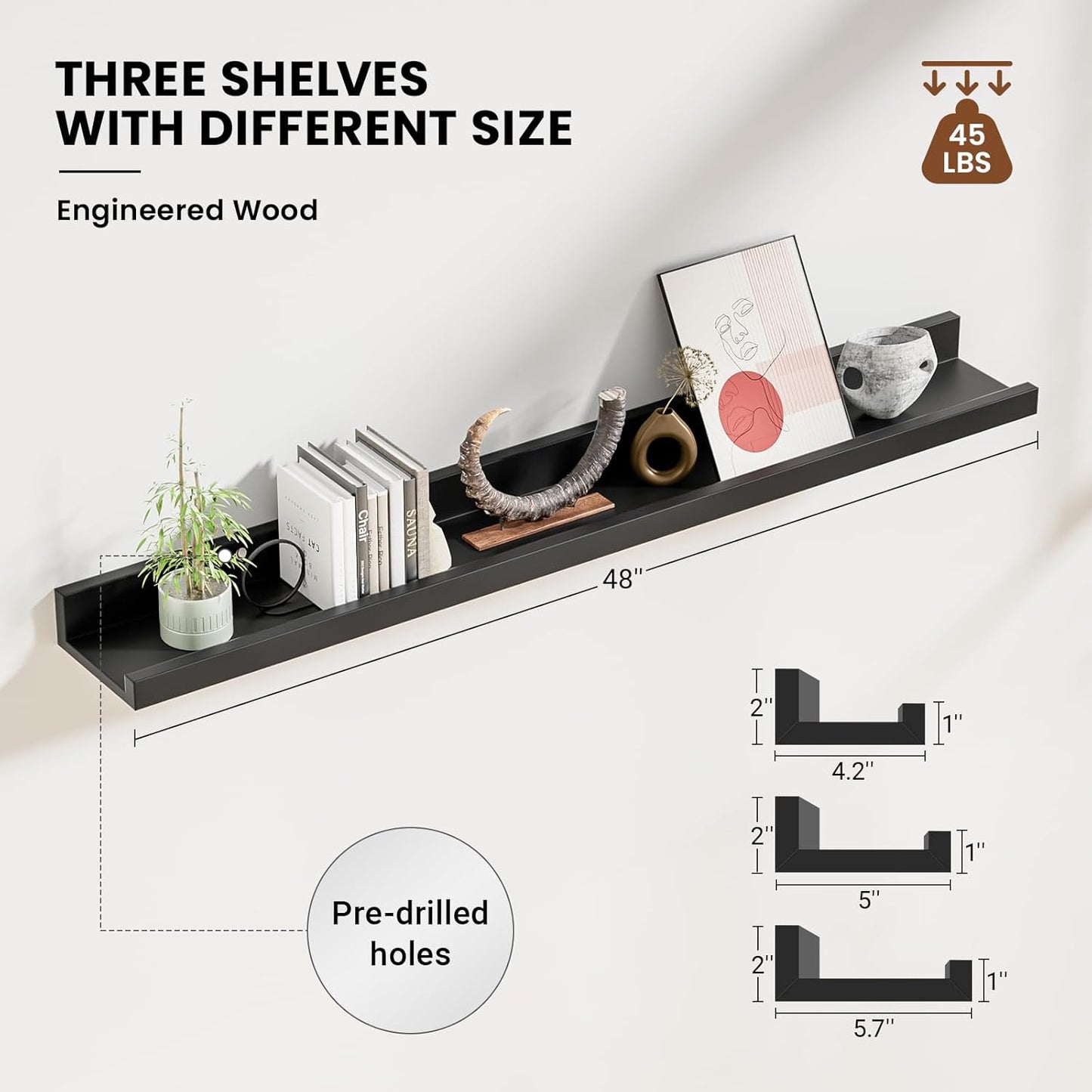 ShelfLoft 5.7 Inch Deep Picture Ledge Shelf Floating Shelves Set of 3