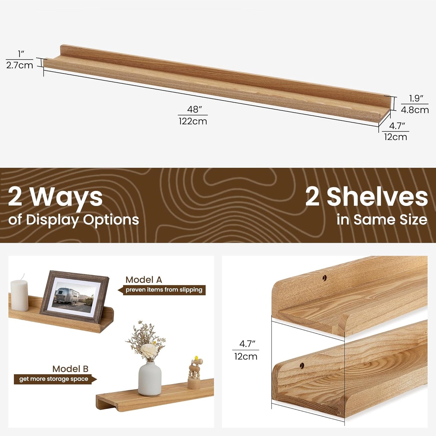 ShelfLoft 48" Wide x 4.7" Deep Solid Ash Wood Picture Ledge Shelf Groove Floating Shelves,Set of 2