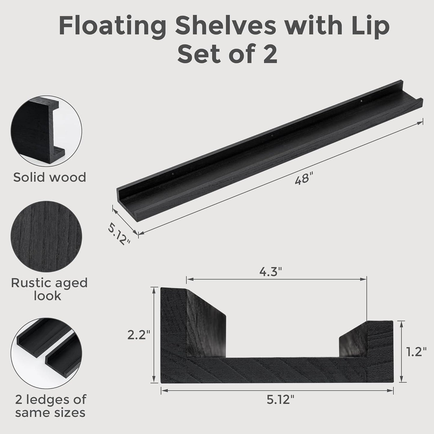 ShelfLoft 5.12"D x 2.2"H Distressed Black Picture Ledge Wall Floating Shelves with Lip