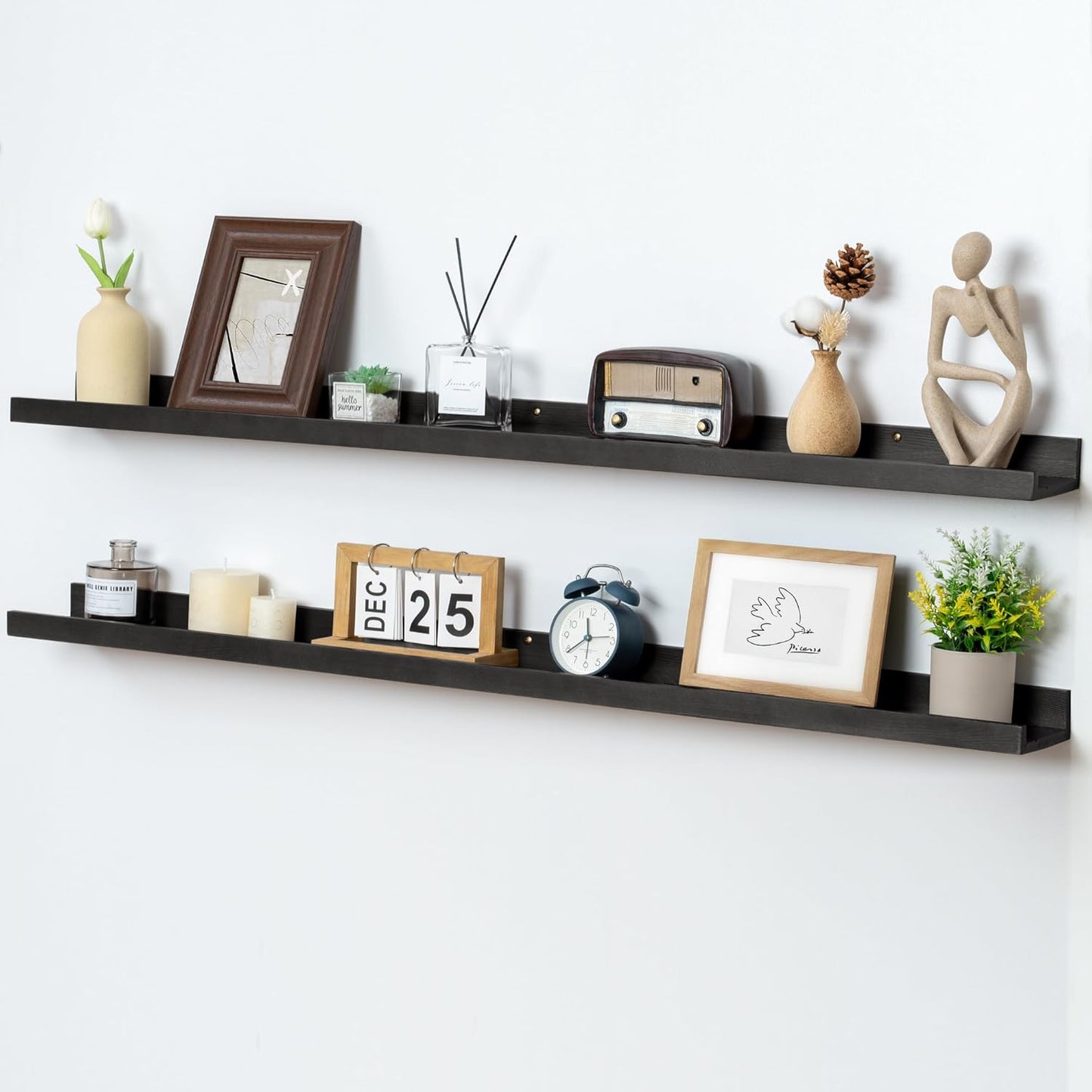 ShelfLoft 5.5"D x 2"H Black Pine Wood Picture Ledge Shelf Wall Shelves with Lip, 2 Pack
