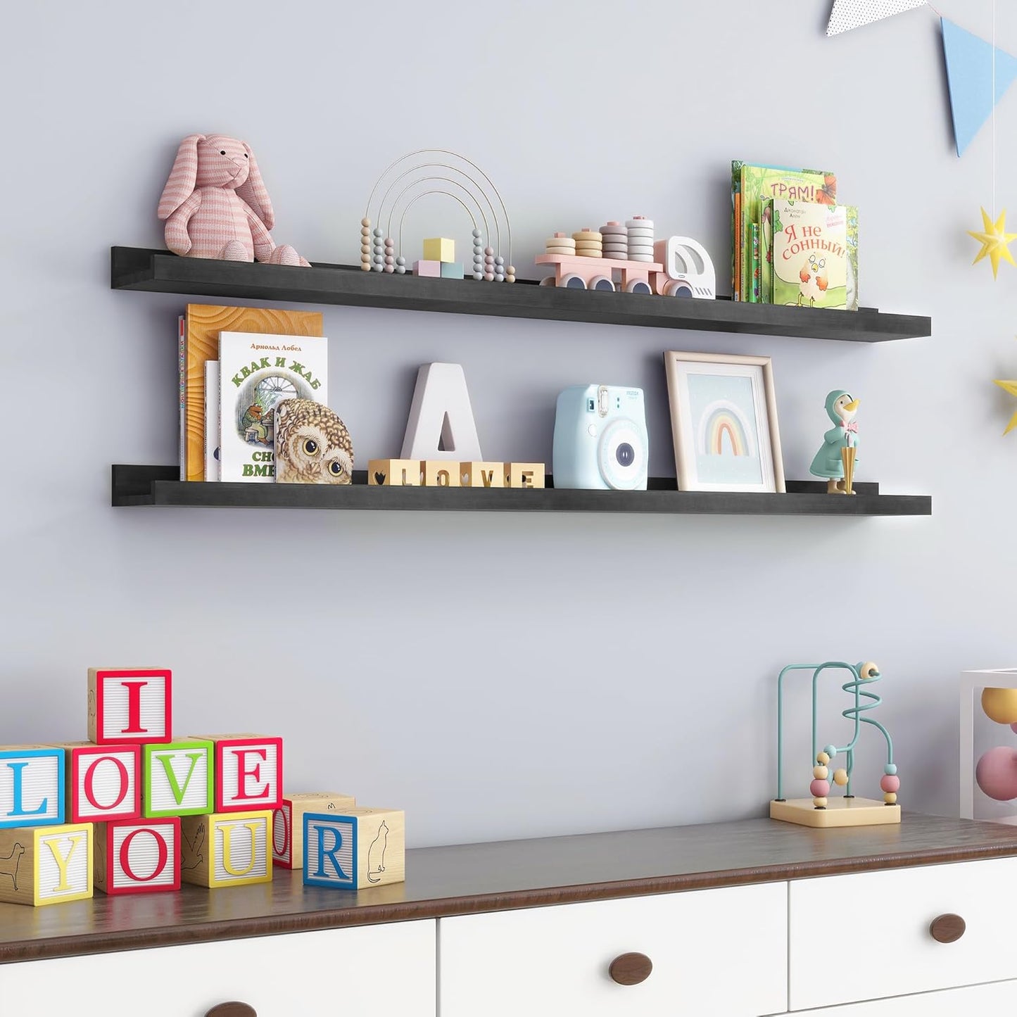 ShelfLoft 48" Wide x 5" Deep Pine Wood Picture Ledge Shelf Wall Shelves with Lip, 2 Pack