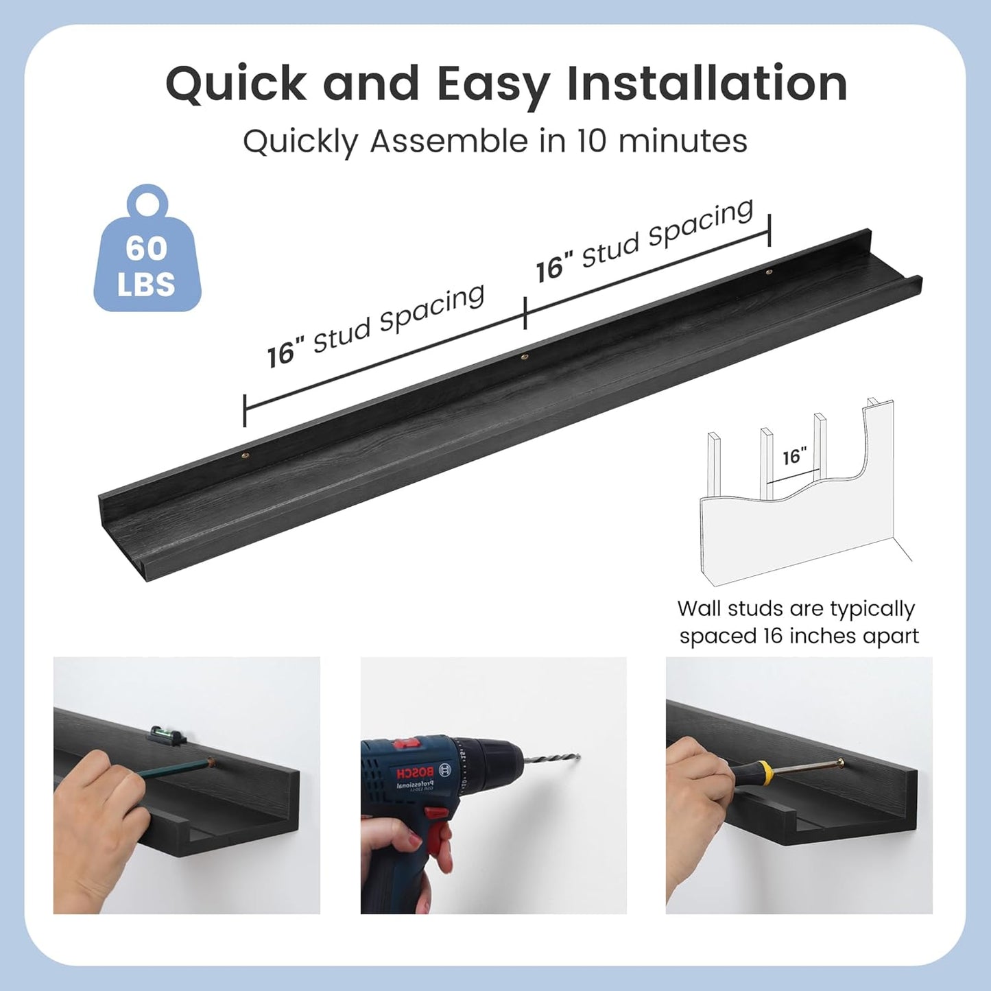 ShelfLoft 48" Wide x 5" Deep Pine Wood Picture Ledge Shelf Wall Shelves with Lip, 2 Pack