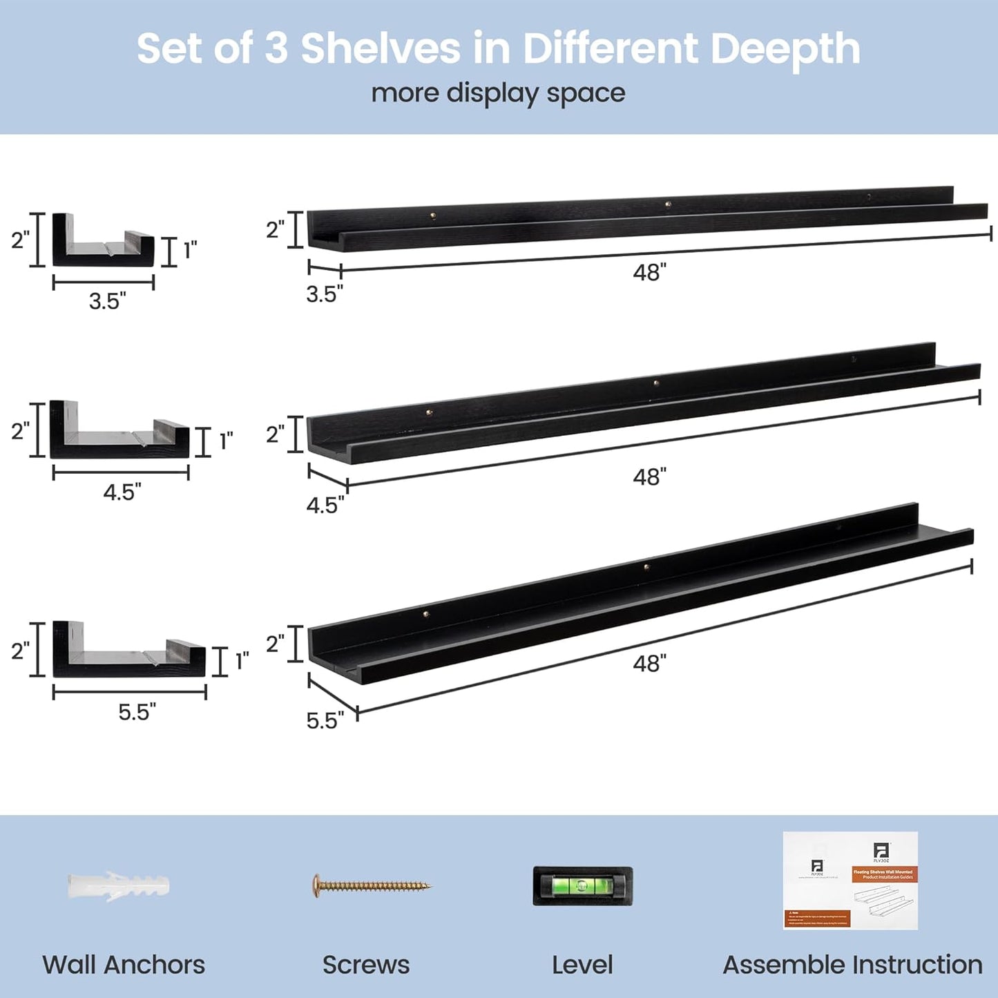 ShelfLoft 5.5"D x 2"H Black Pine Wood Picture Ledge Shelf Wall Shelves with Lip, 2 Pack