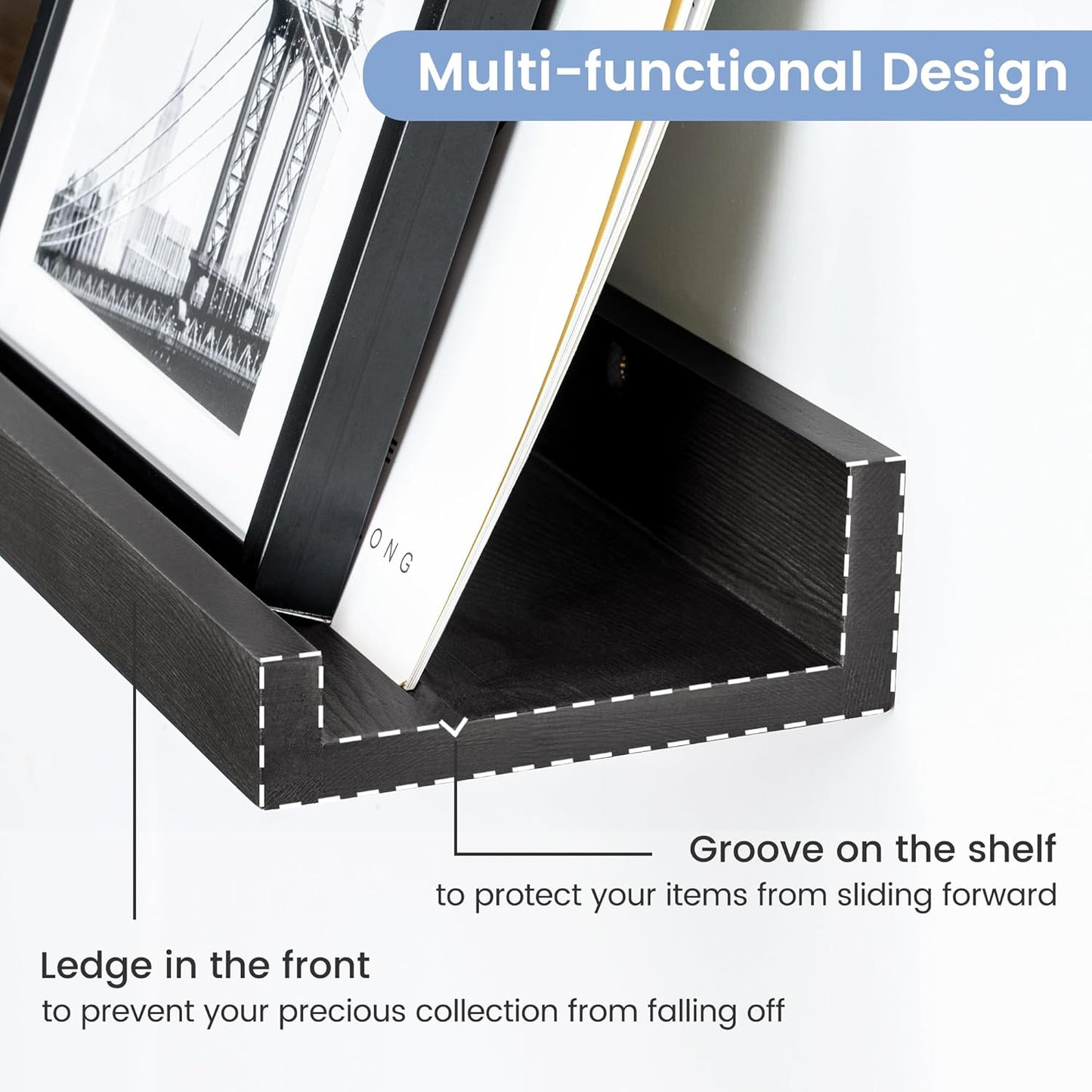 ShelfLoft 48"W x 5.5"D Black Pine Wood Picture Ledge Shelf Wall Shelves with Lip, 3 Pack