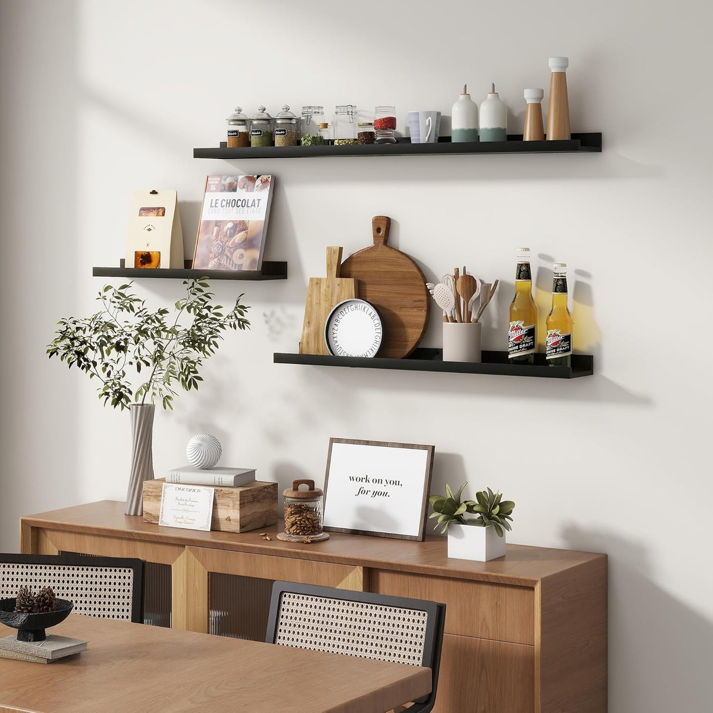 ShelfLoft 48"W x 5.5"D Black Pine Wood Picture Ledge Shelf Wall Shelves with Lip, 3 Pack