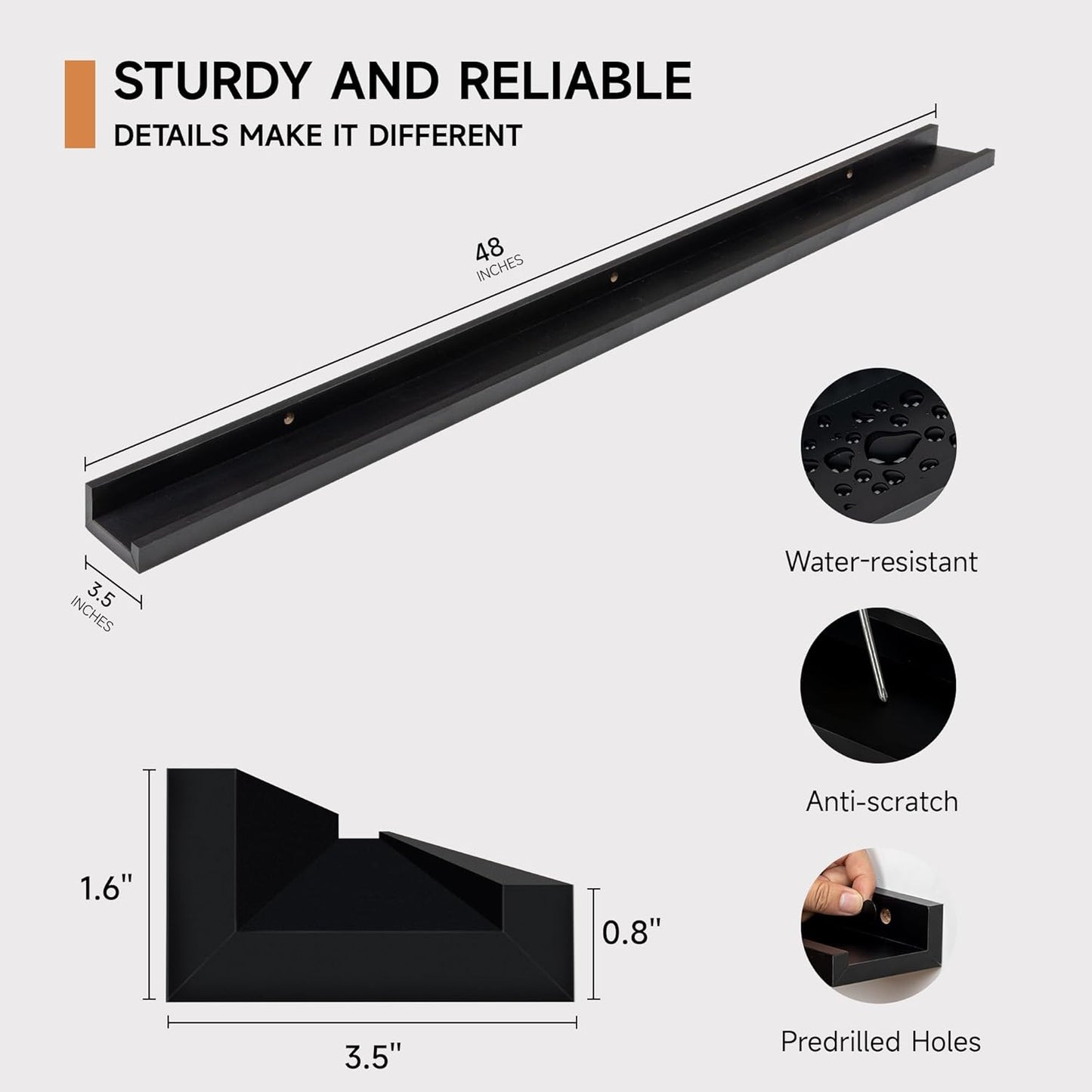 ShelfLoft 3.5"D x 1.6"H Black Picture Ledge Shelf Wall Display Floating Shelves