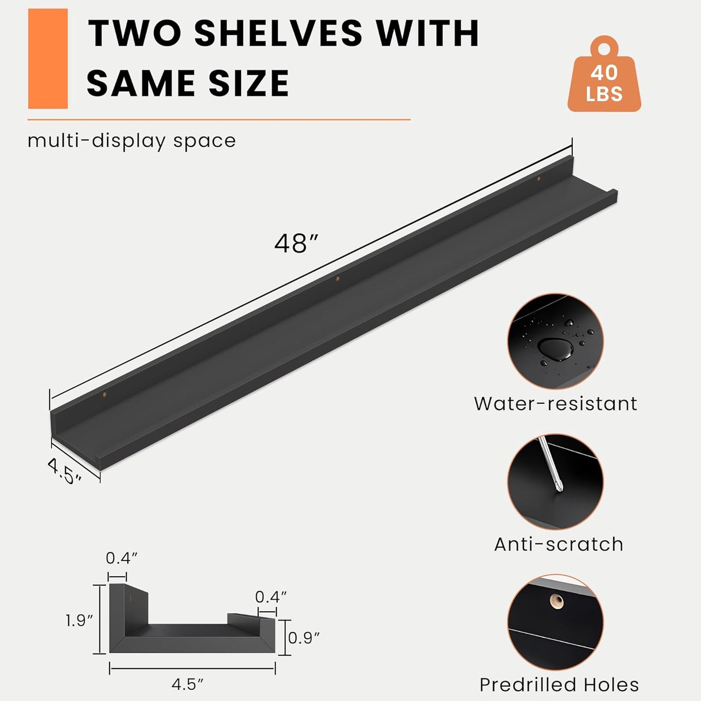 ShelfLoft 48" Wide x 4.5" Deep Picture Ledge Shelf Wall Floating Shelves with Lip,Set of 2