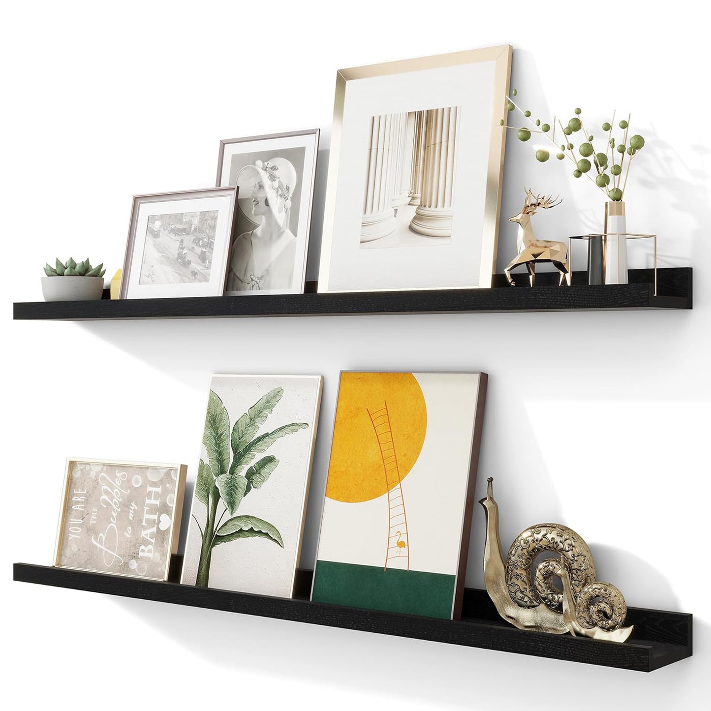 ShelfLoft 4.7"D x 1.65"H Black Solid Ash Wood Picture Ledge Floating Shelves, Set of 2