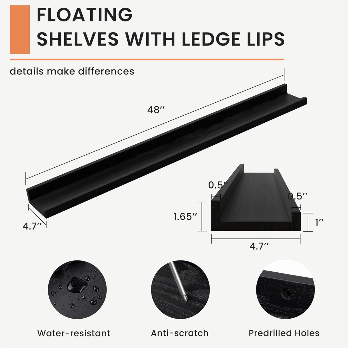 ShelfLoft 4.7"D x 1.65"H Black Solid Ash Wood Picture Ledge Floating Shelves, Set of 2