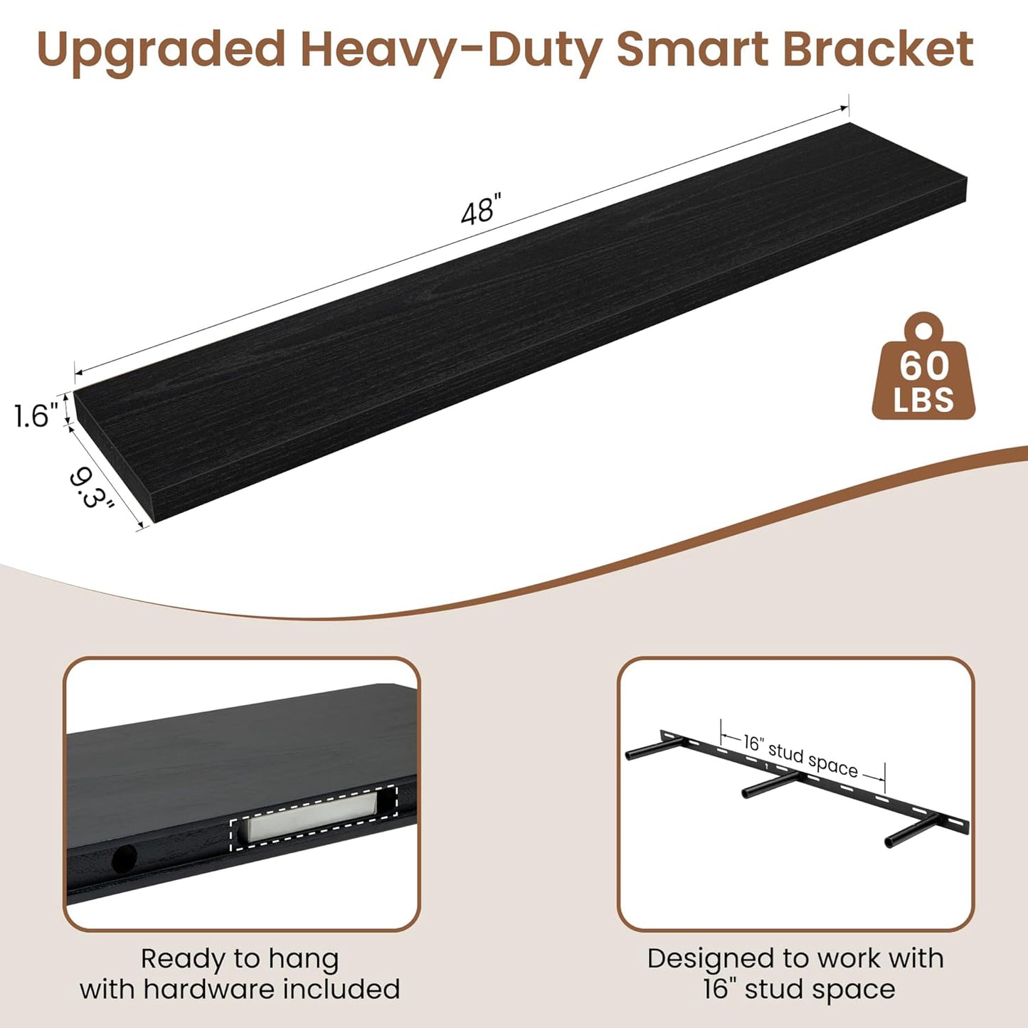 ShelfLoft 9.3 Inch Deep Rustic Farmhouse Fireplace Mantel Paulownia Wood Floating Shelves