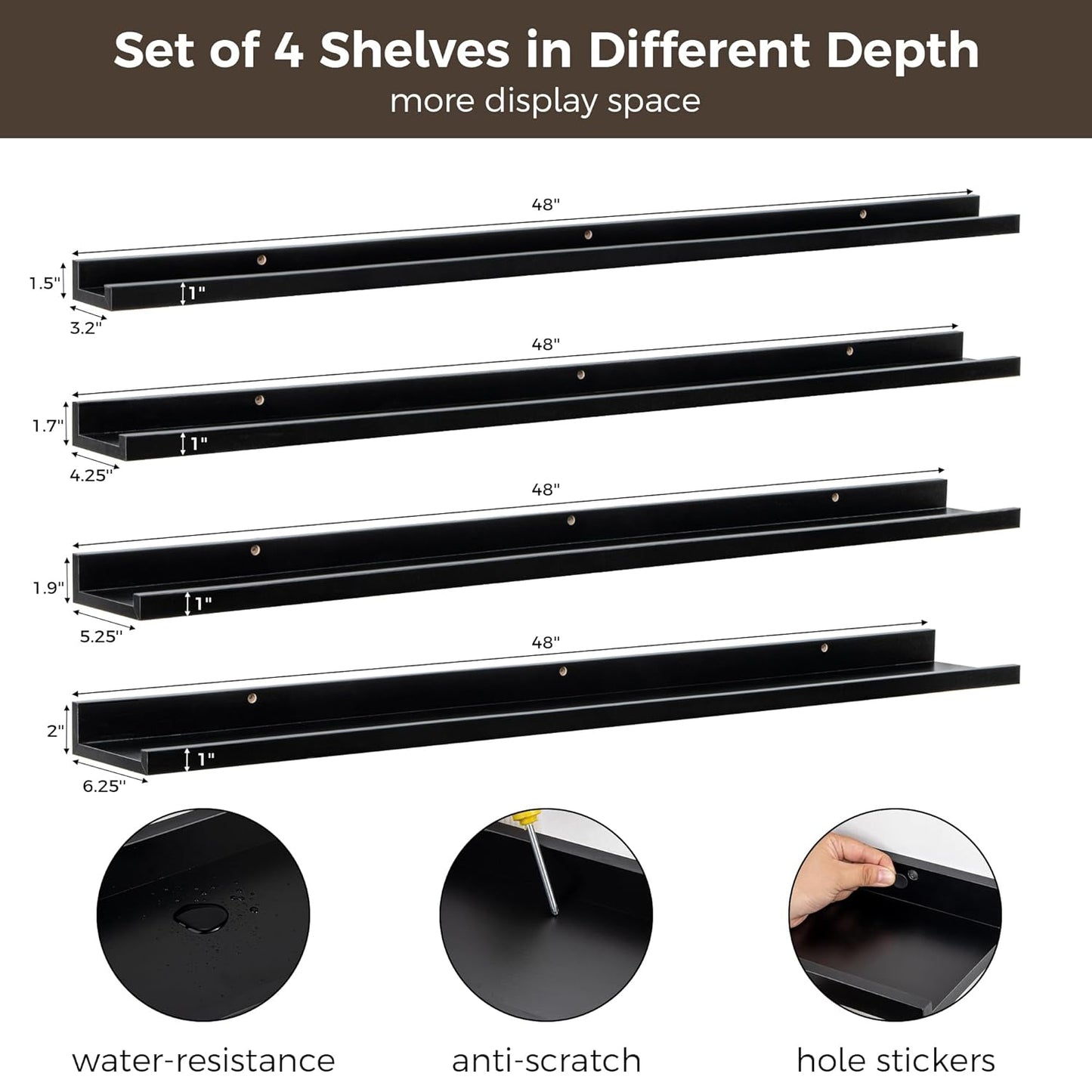 ShelfLoft 6.25 Inch Deep Picture Ledge Floating Shelves for Wall Storage,Set of 4