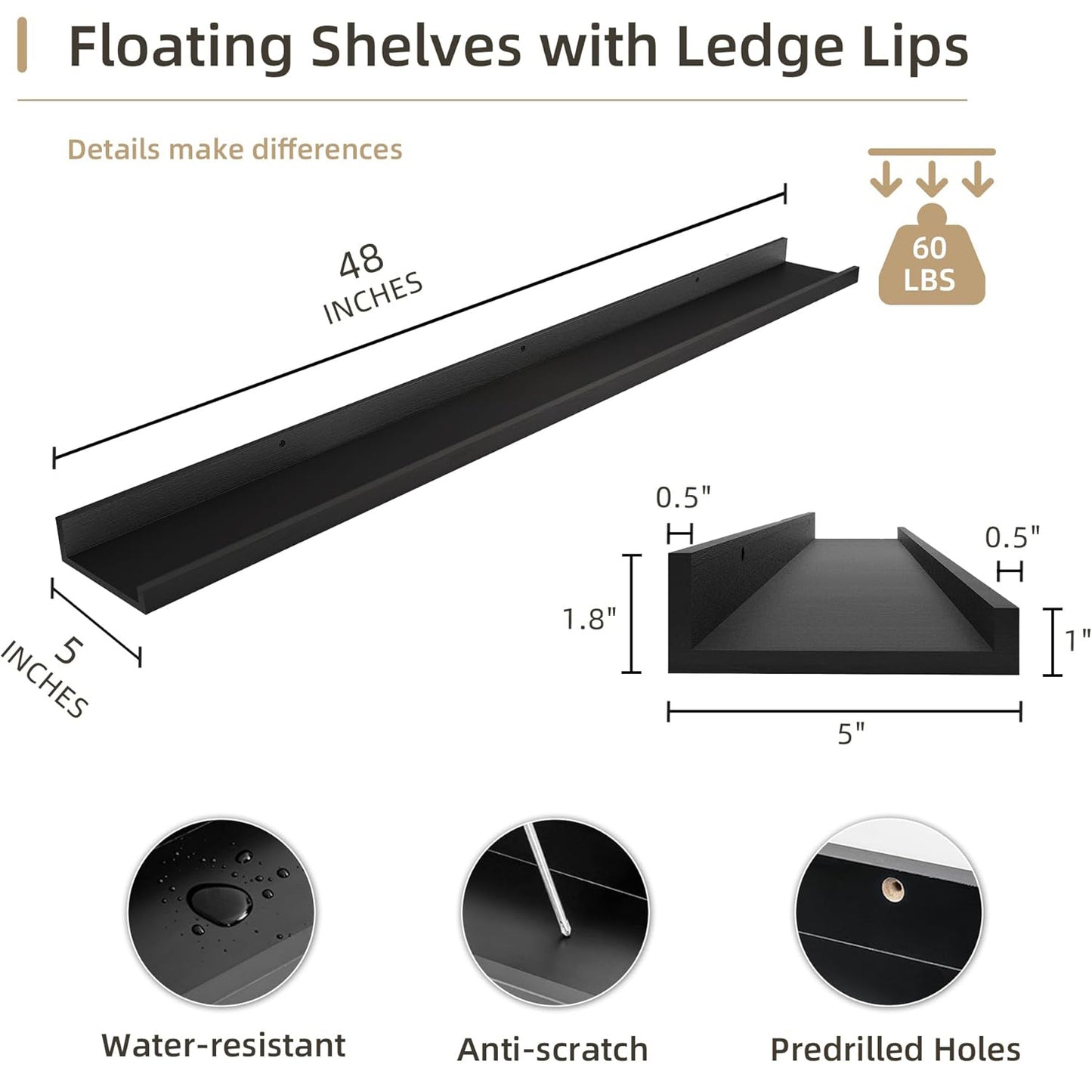 ShelfLoft 5"D x 1.8“H Black Picture Ledge Shelf Wood Floating Shelves