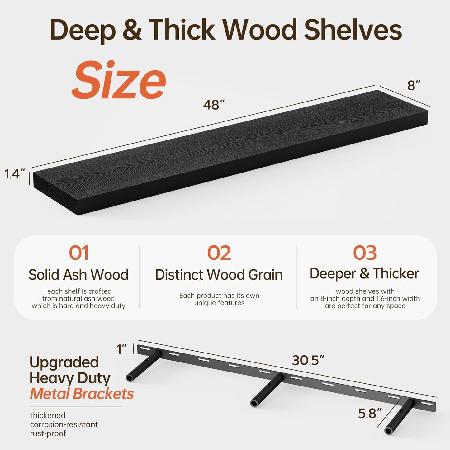 ShelfLoft 48" Wide x 8" Deep Solid Ash Wood Floating Shelves,1 Pack