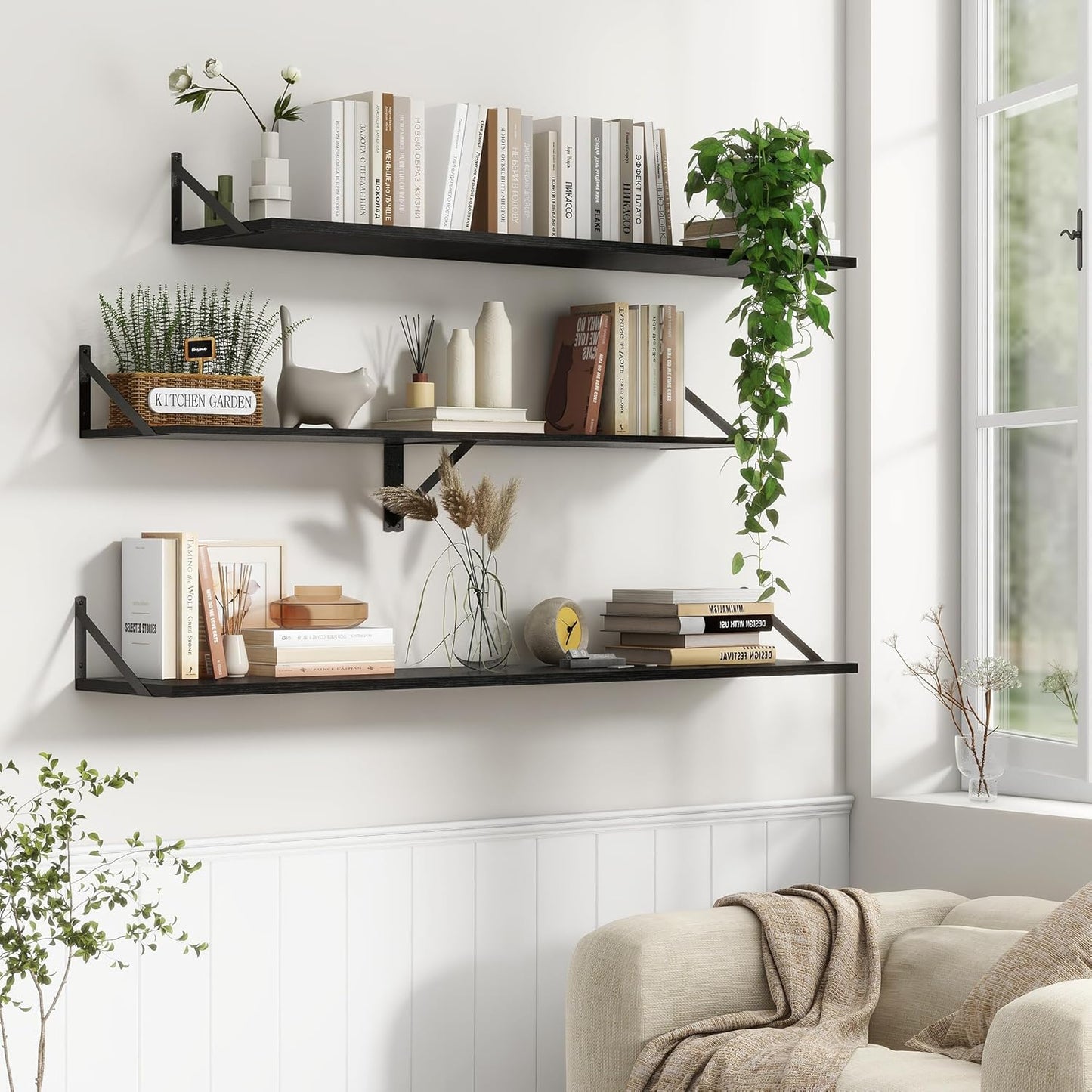 ShelfLoft 48" Wide x 12" Deep Wall Display & Storage Floating Shelves with Visible Brackets, 2 Pack