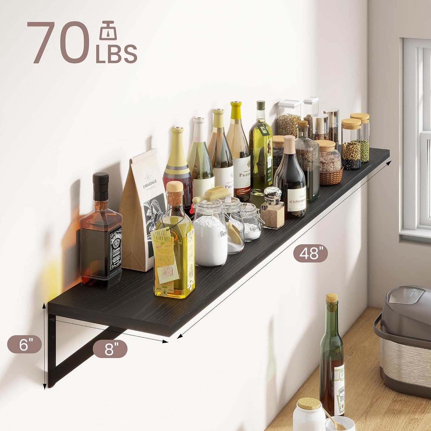 ShelfLoft 48" Wide x 8" Deep Floating Shelves with Brackets, 2 Pack