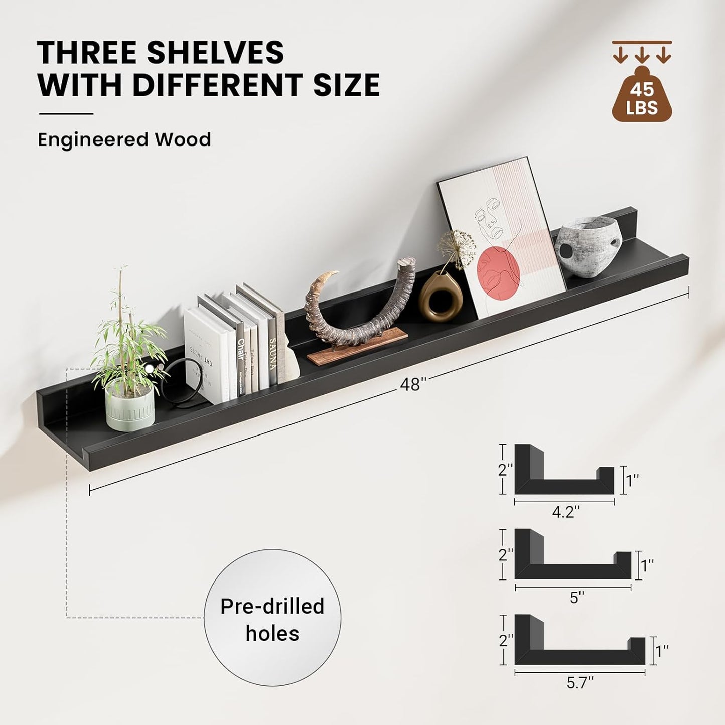 ShelfLoft 5.7"D x 2"H Black Picture Ledge Shelf Floating Shelves,3 Pack