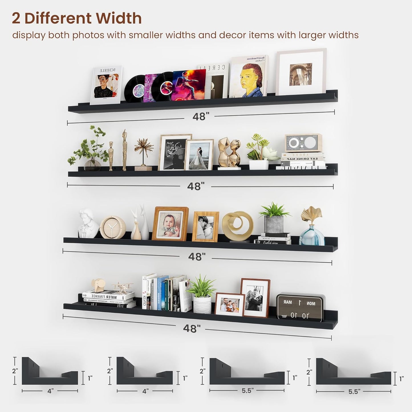 ShelfLoft 5.5"D x 2"H Black Picture Ledge Shelf Wall Display Floating Shelves with Lip