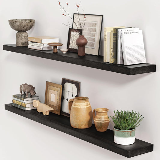 ShelfLoft 48"W x 6.7"D Paulownia Wood Wall Display Decor Floating Shelves,Black-2 Pack