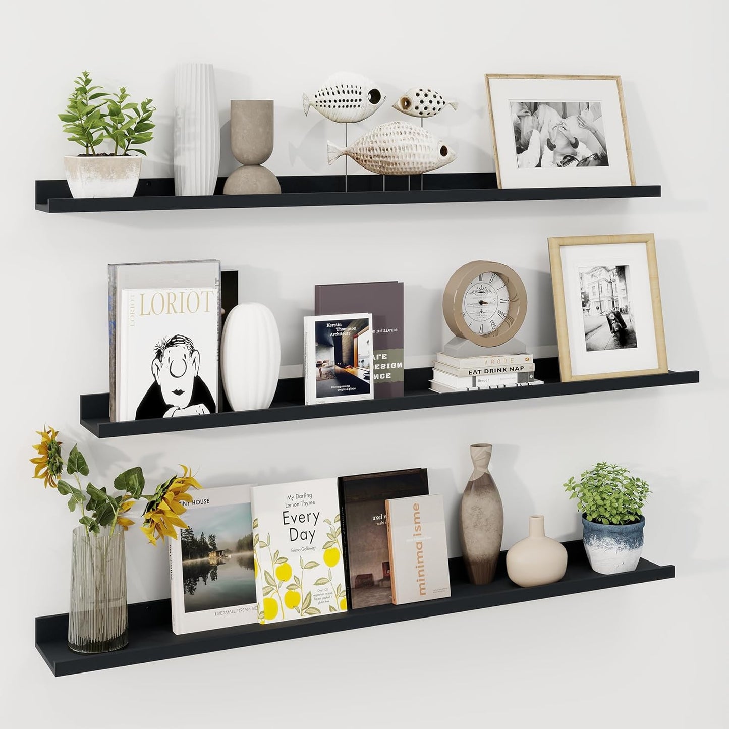 ShelfLoft 5.7"D x 2"H Black Picture Ledge Shelf Floating Shelves with Lip, Set of 3