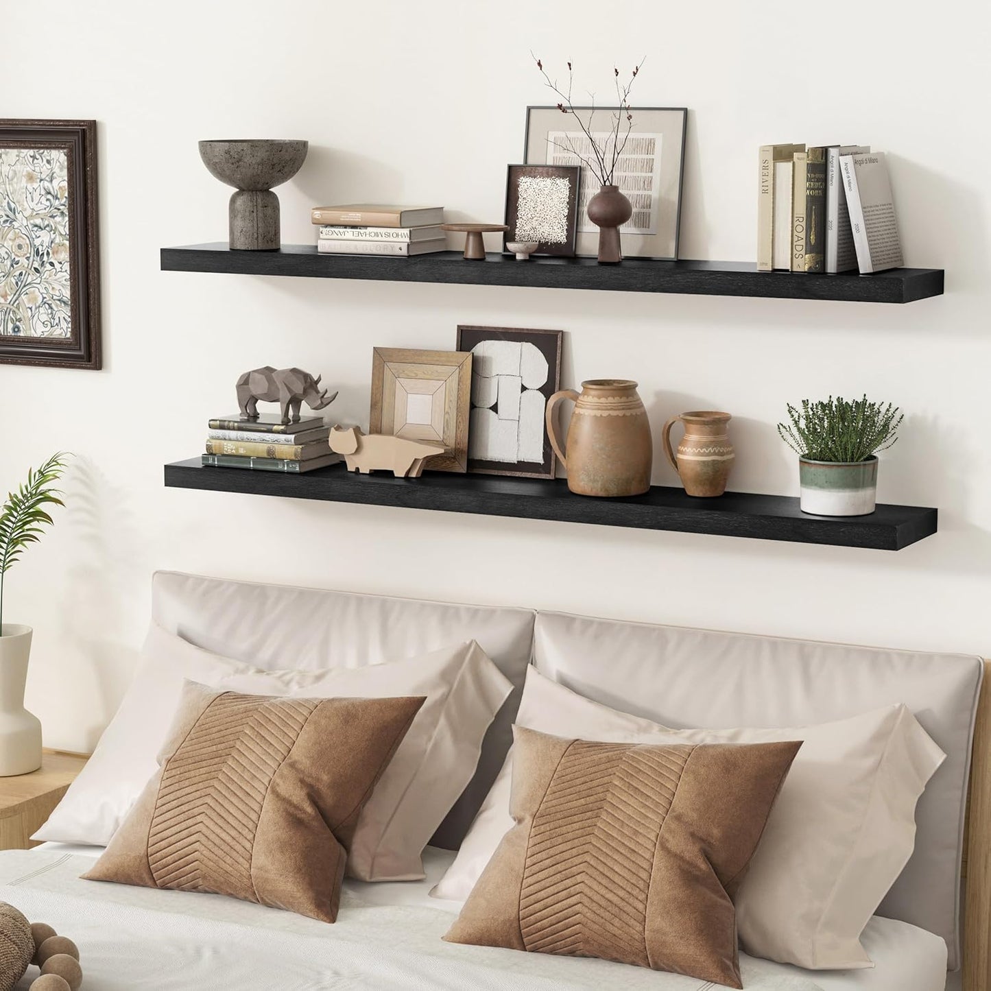 ShelfLoft 48"W x 6.7"D Paulownia Wood Wall Display Decor Floating Shelves,Black-2 Pack