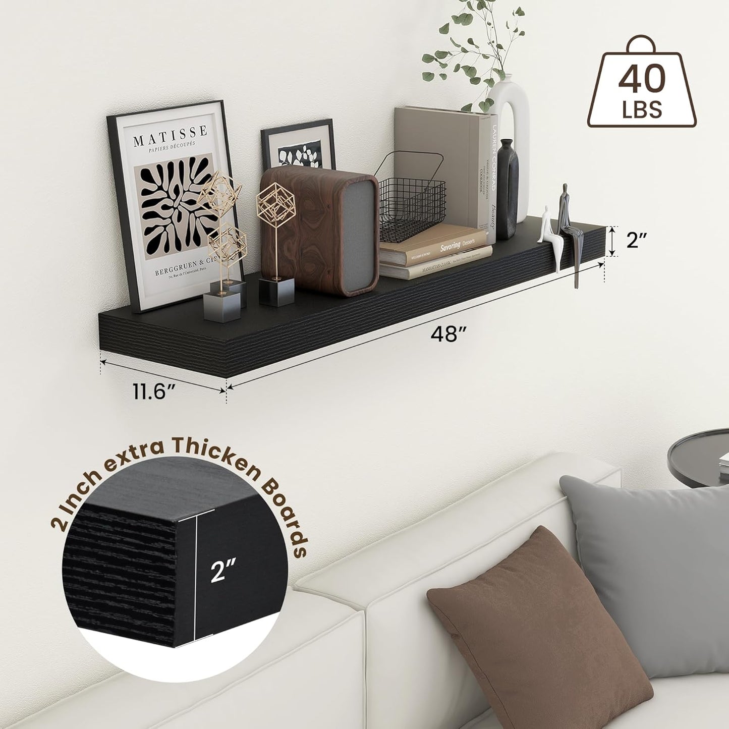 ShelfLoft 11.6"D x 2"H Black Floating Shelves for Wall Storage