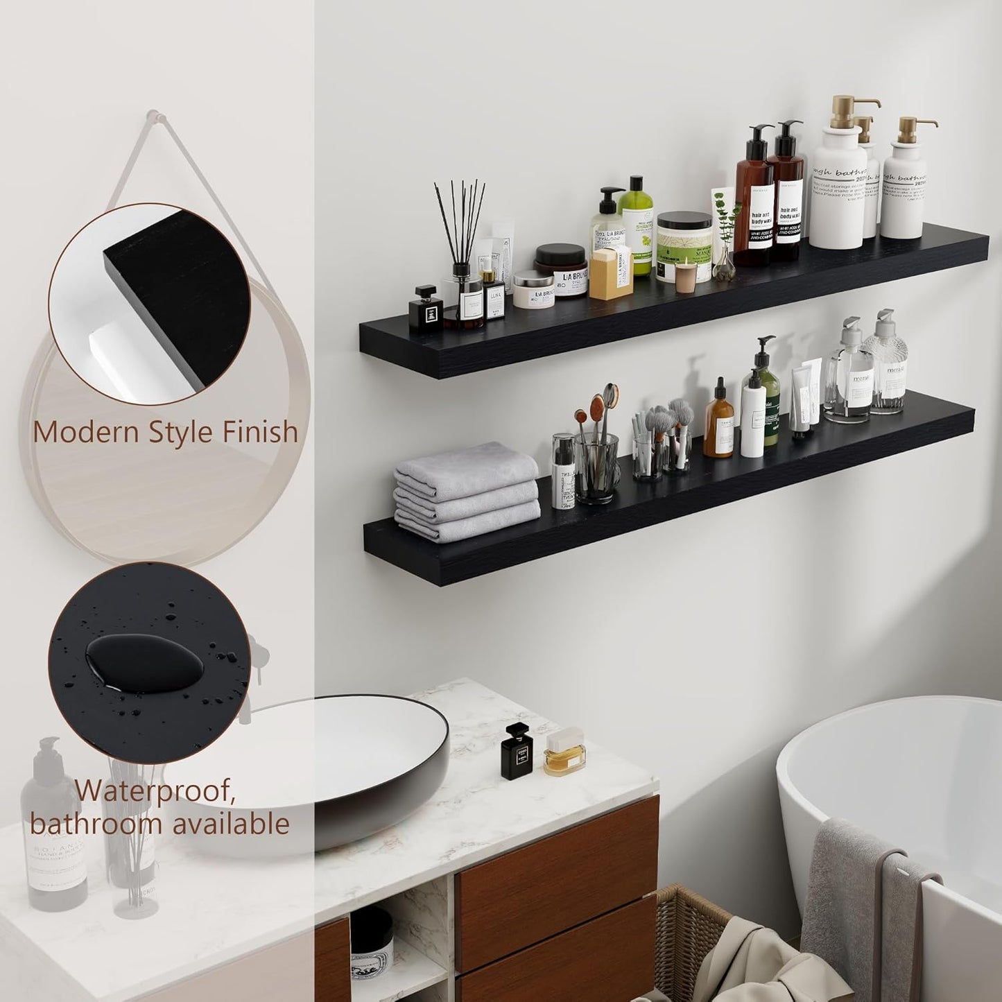 ShelfLoft 48"W x 6.7"D Paulownia Wood Wall Display Decor Floating Shelves,Black-2 Pack