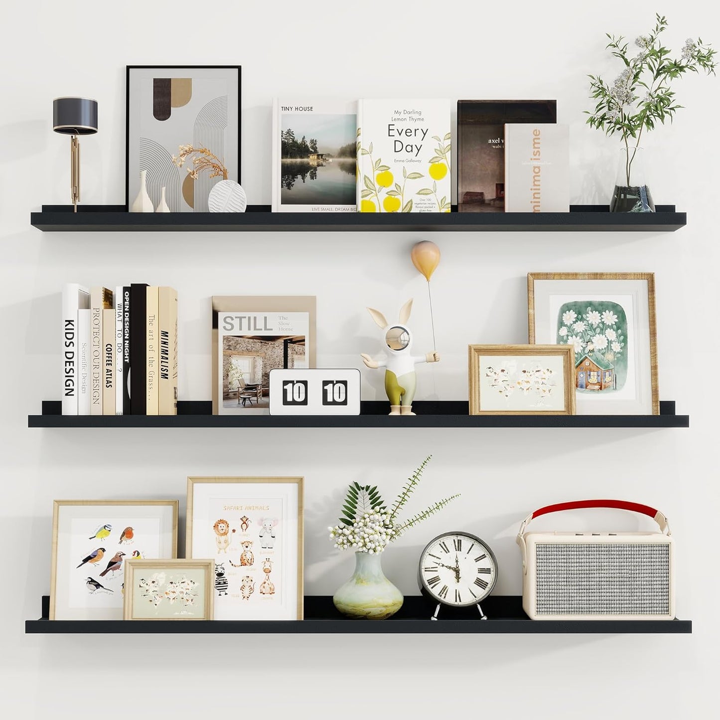 ShelfLoft 48"W x 4.2"D Black Picture Ledge Shelf Floating Shelves with Lip Set of 3