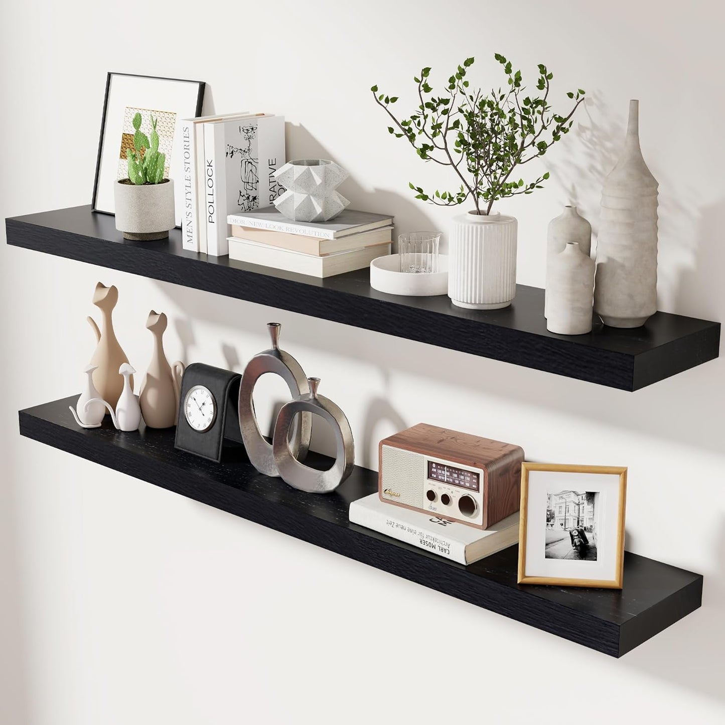 ShelfLoft 48"W x 6.7"D Paulownia Wood Wall Display Decor Floating Shelves,Black-2 Pack