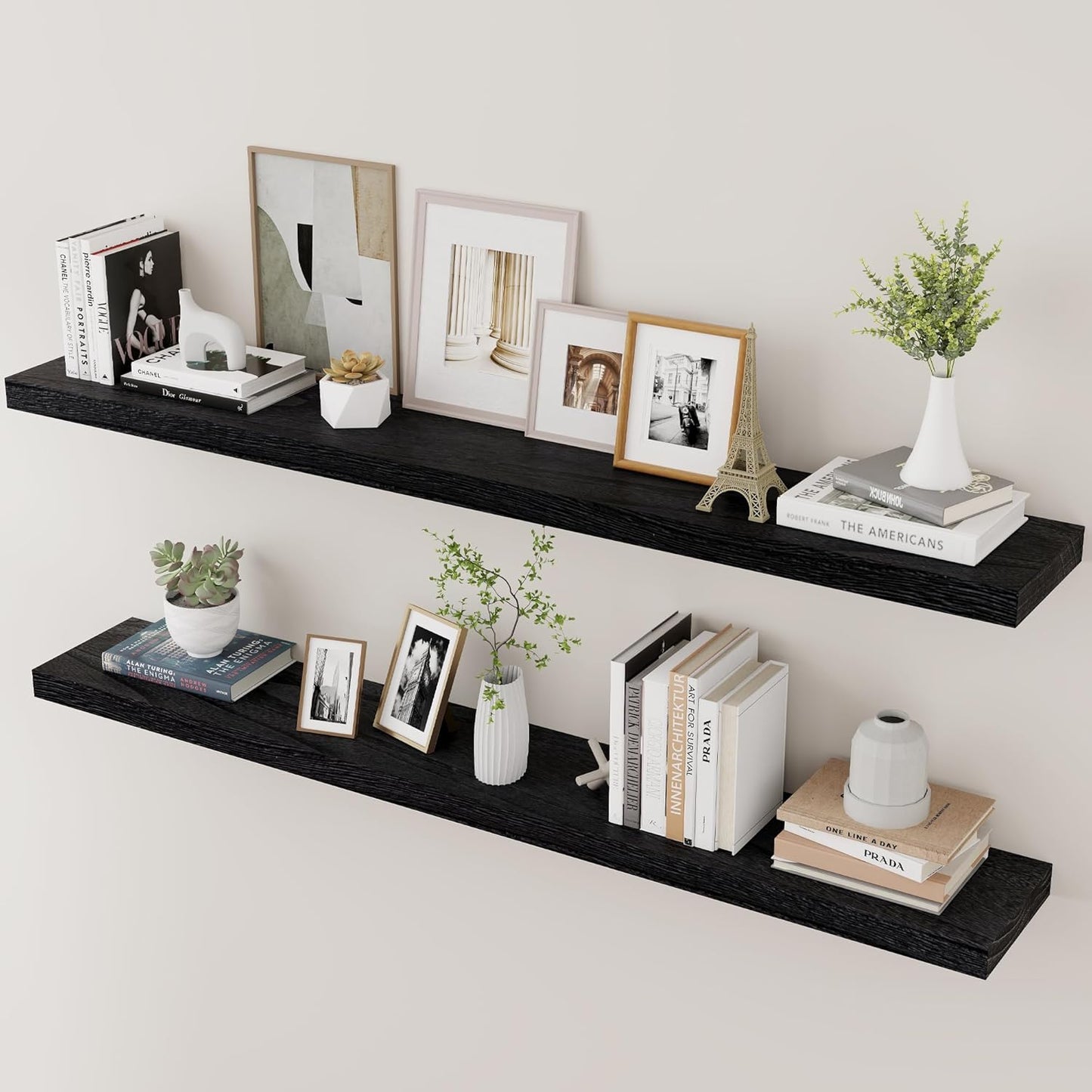 ShelfLoft 48""W x 6.7"D Natural Paulownia Wood Floating Shelves,Distressed Black-2 Pack