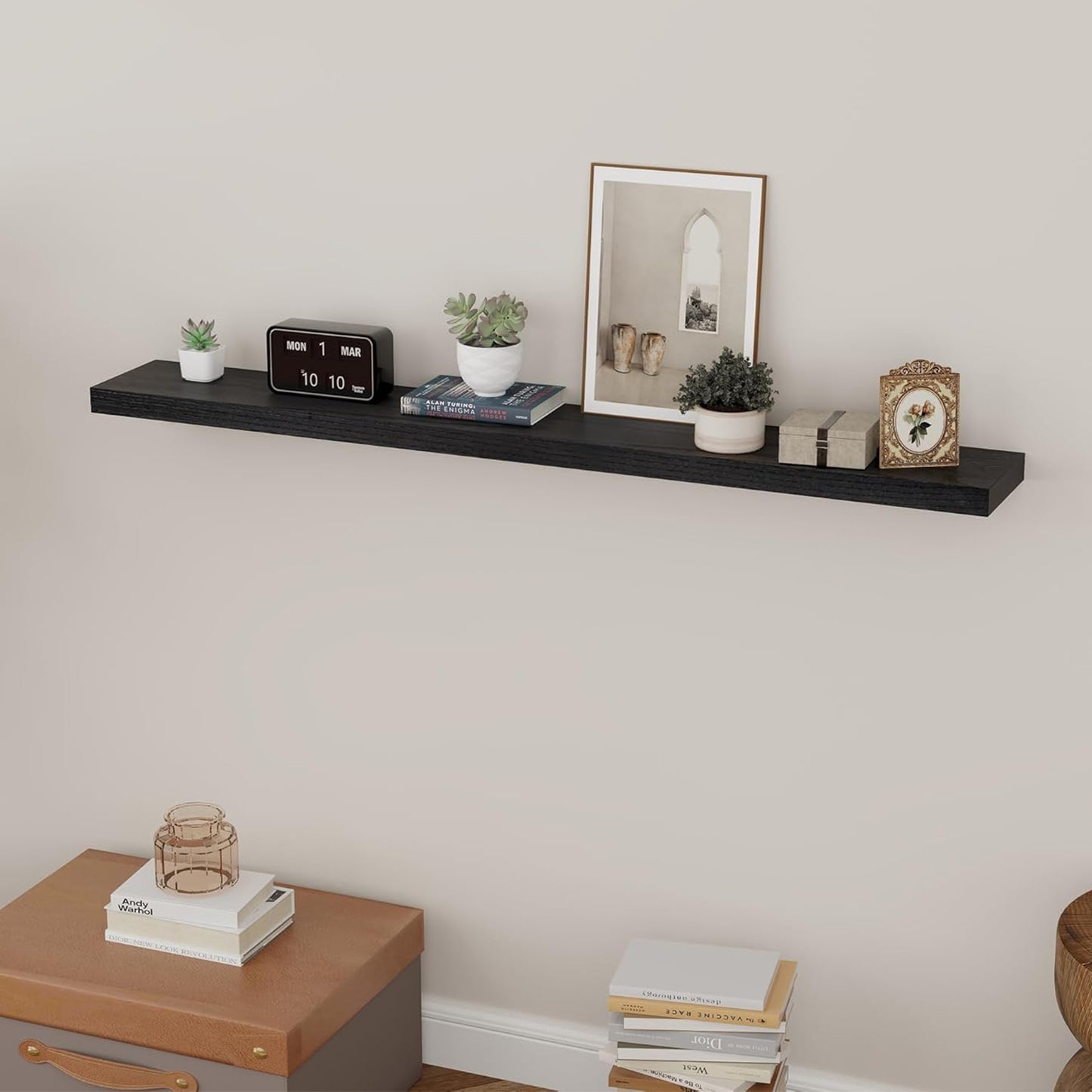 ShelfLoft 48""W x 6.7"D Natural Paulownia Wood Floating Shelves,Distressed Black-2 Pack