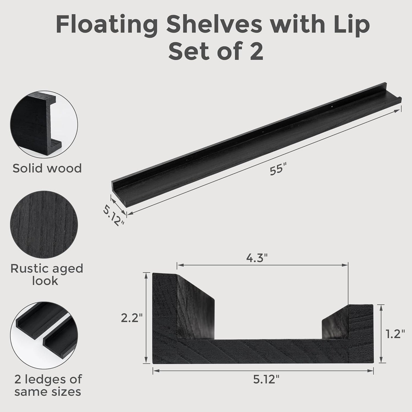 ShelfLoft 5.12"D x 2.2"H Distressed Black Picture Ledge Wall Floating Shelves with Lip