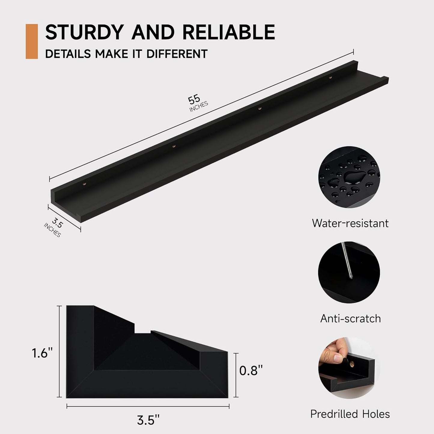 ShelfLoft 55“W x 3.5”D Black Picture Ledge Shelf Wall Display Long Floating Shelves, 2 Pack