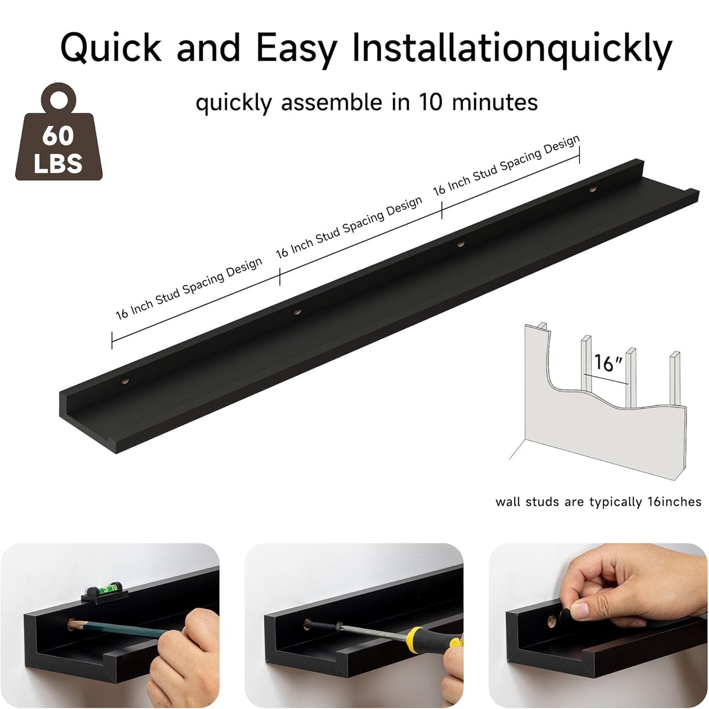 ShelfLoft 3.5"D x 1.6"H Black Picture Ledge Shelf Wall Display Floating Shelves